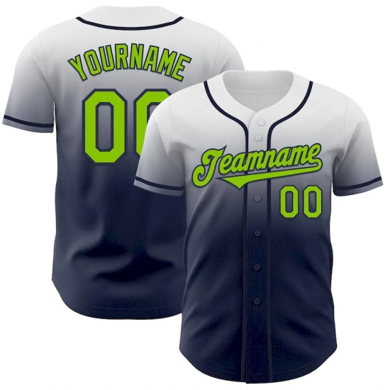 Custom White Neon Green-Navy Authentic Fade Fashion Baseball Jersey