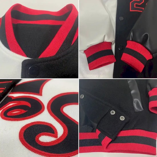 Custom White Black-Red Bomber Full-Snap Varsity Letterman Split Fashion Jacket