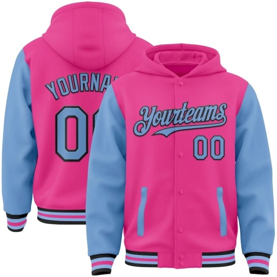 Custom Pink Light Blue-Black Bomber Full-Snap Varsity Letterman Two Tone Hoodie Jacket Custom Pink Light Blue-Black Bomber Full-Snap Varsity Letterman Two Tone Hoodie Jacket