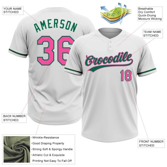 Custom White Pink-Kelly Green Two-Button Unisex Softball Jersey Custom White Pink-Kelly Green Two-Button Unisex Softball Jersey