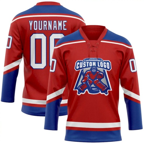 Custom Red White-Royal Hockey Lace Neck Jersey
