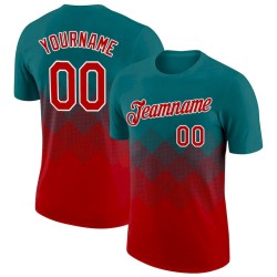 Custom Teal Red-White 3D Pattern Design Gradient Square Shapes Performance T-Shirt