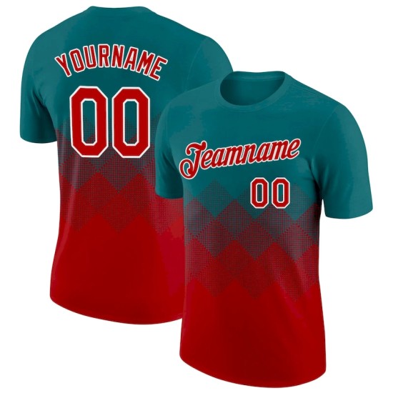 Custom Teal Red-White 3D Pattern Design Gradient Square Shapes Performance T-Shirt