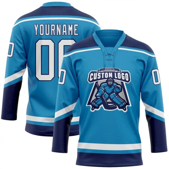 Custom Panther Blue White-Navy Hockey Lace Neck Jersey