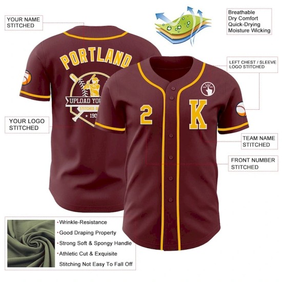 Custom Burgundy Gold-White Authentic Baseball Jersey