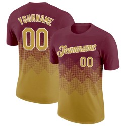 Custom Burgundy Old Gold-White 3D Pattern Design Gradient Square Shapes Performance T-Shirt