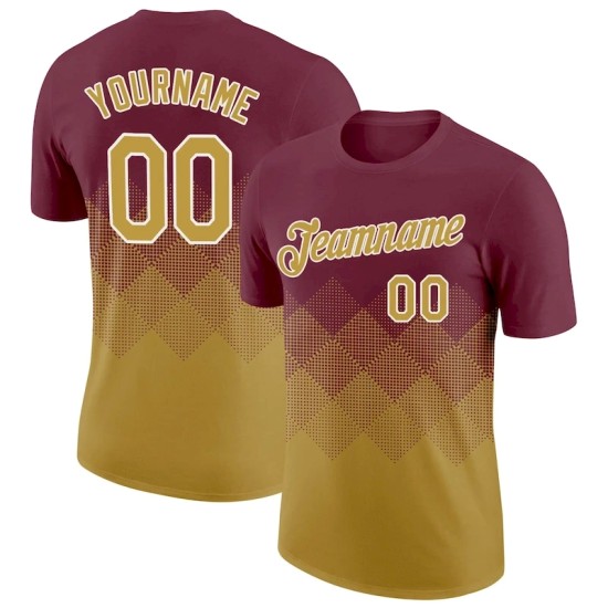 Custom Burgundy Old Gold-White 3D Pattern Design Gradient Square Shapes Performance T-Shirt
