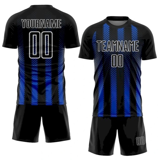 Custom Black Thunder Blue-White Geometric Shape Sublimation Soccer Uniform Jersey Custom Black Thunder Blue-White Geometric Shape Sublimation Soccer Uniform Jersey