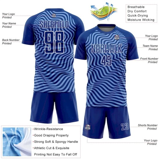 Custom Royal Light Blue-White Wavy Lines Sublimation Soccer Uniform Jersey