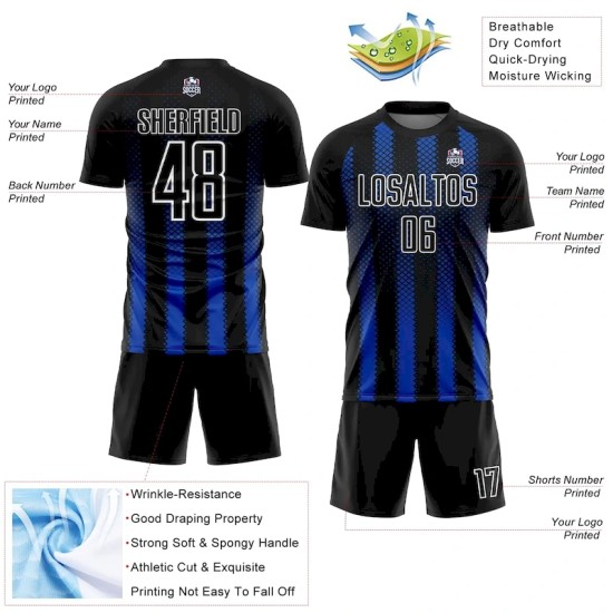 Custom Black Thunder Blue-White Geometric Shape Sublimation Soccer Uniform Jersey Custom Black Thunder Blue-White Geometric Shape Sublimation Soccer Uniform Jersey