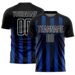 Custom Black Thunder Blue-White Geometric Shape Sublimation Soccer Uniform Jersey Custom Black Thunder Blue-White Geometric Shape Sublimation Soccer Uniform Jersey