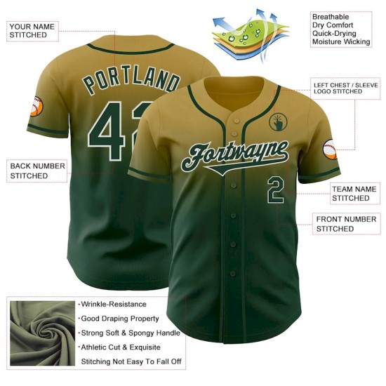 Custom Old Gold Green-White Authentic Fade Fashion Baseball Jersey