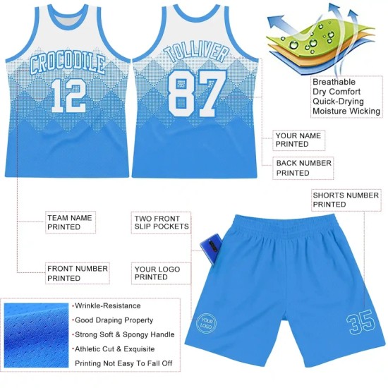 Custom White Powder Blue Gradient Square Shapes Round Neck Sublimation Basketball Suit Jersey Custom White Powder Blue Gradient Square Shapes Round Neck Sublimation Basketball Suit Jersey