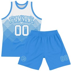Custom White Powder Blue Gradient Square Shapes Round Neck Sublimation Basketball Suit Jersey
