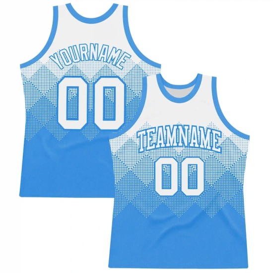 Custom White Powder Blue Gradient Square Shapes Round Neck Sublimation Basketball Suit Jersey Custom White Powder Blue Gradient Square Shapes Round Neck Sublimation Basketball Suit Jersey