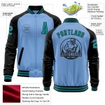 Custom Light Blue Teal-Black Bomber Varsity Letterman Two Tone Zipper Jacket