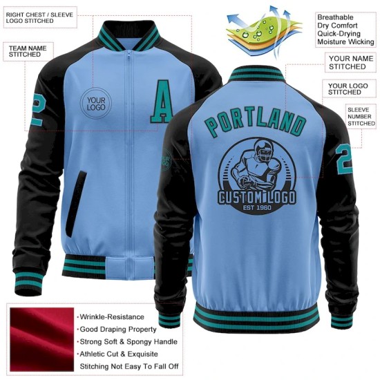 Custom Light Blue Teal-Black Bomber Varsity Letterman Two Tone Zipper Jacket